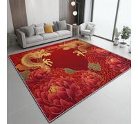 Générique Tapis Poil Court Moderne, Rouge Style Chinois Traditionnel Fleurs Dragon Tapis - Salon Chambre Salle à Manger Adulte Bureau Résistant 80 x 150 cm