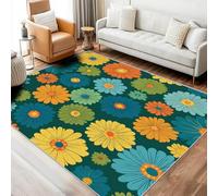 Générique Tapis Rétro Années 70 Floral, Grand Tapis de Chambre Salon, Motif Marguerite Jaune Sarcelle Orange, 200x250, Antidérapant, Lavable, Doux, Poil Ras, Decoration Maison A5103
