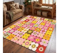 Générique Tapis Rétro Années 70, Grand Tapis Carré de Chambre Salon, Motif Floral, 150x150, Antidérapant, Lavable, Doux, Poil Ras, Decoration Maison A5761