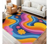 Générique Tapis Rétro Années 70, Grand Tapis de Chambre Salon, Motif Floral Abstrait, 140x200, Antidérapant, Lavable, Doux, Poil Ras, Decoration Maison N08S5