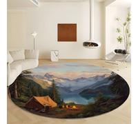 Générique Tapis Rond Ø 180 cm Montagnes Forêt Tentes, Tapis à Pile Courte Doux et Moelleux Lavable en Machine, Grande Moquette Vert Antidérapante pour Salon Chambre Chambre Enfant