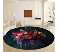Générique Tapis Rond Ø 80 cm Plante Rose Panier Fleurs, Tapis à Pile Courte Doux et Moelleux Lavable en Machine, Moquette Vert Foncé Antidérapante pour Salon Chambre Chambre Enfant