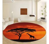 Générique Tapis Rond Ø 90 cm Crépuscule Arbres Girafes, Tapis à Pile Courte Doux et Moelleux Lavable en Machine, Moquette Orange Antidérapante pour Salon Chambre Chambre Enfant