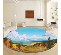 Générique Tapis Rond Ø 90 cm Dessin Animé Forêt Lacs Nuages, Tapis à Pile Courte Doux et Moelleux Lavable en Machine, Moquette Jaune Antidérapante pour Salon Chambre Chambre Enfant