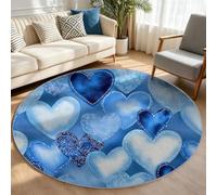 Générique Tapis Rond 100 cm Bleu Antidérapant Amour Romantique | Lavable en Machine Forme de cœur Poil Court Doux Tapis Salon Entrée Descendre Salle de séjour, Bureau, Carpet
