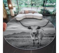 Générique Tapis Rond 120 cm Lavable en Machine, Animaux Naturels Taureau À Longues Cornes Interieur Anti Slip Chambre à Coucher Salon Tapis d'Entrée Absorbant Antidérapant, Gris