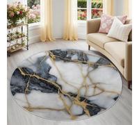 Générique Tapis Rond 120 cm Lavable Machine, Moquette Antidérapante Poil Bas Style Marbre Abstrait, Motif Effet Marbre Craquelé Complexe Doux pour Salon De Luxe, Blanc Noir