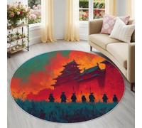 Générique Tapis Rond 120 cm Moquette Salon Lavable Fantaisie, Motif Dessin Animé Armée De Samouraïs Château Rouge, Doux, Idéal pour Coin Lecture Chambre d'enfant ou Espace Détente Esthétique