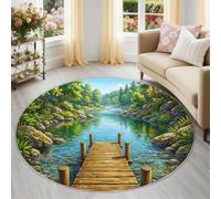 Générique Tapis Rond 160 cm Lavable Machine, Moquette Antidérapante Poil Bas Style Paysage Bâtiment, Motif Promenade en Bois & Rivière Doux pour Couloir, Vert Bleu