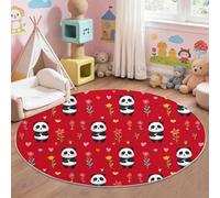Générique Tapis Rond 160 cm Rouge, Motif Amour Panda Fleurs, Tapis à Poils Courts Lavable et Antidérapant pour Chambre d'enfant, Enfants