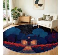 Générique Tapis Rond 200 cm Lavable Machine, Moquette Antidérapante Poil Bas Maison de Conte de Fées, Floraux scène Nocturne Ciel étoilé pour Salon Chambre Salle à Manger Nursery Dortoir Enfants