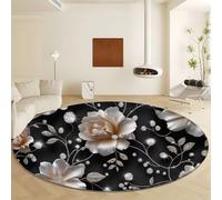 Générique Tapis Rond 3D Plantes Fleurs, Tapis Noir Lavable en Machine Diamètre 60 cm Moquette Imprimé Antidérapant - Moquette Doux Poil Court pour Salon Chambre Nurserie