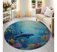 Générique Tapis Rond 60 cm et Moquette Vie Marine Poissons Dauphins Coraux, Lavable en Machine & Antidérapant, Bleu Petit Tapis pour Descente de Lit, sous-Chaise ou Déco de Bureau