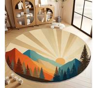Générique Tapis Rond 60 cm Paysage De Montagne Abstrait Soleil Pins Montagnes Tapis De Salon Rond Beige Lavable en Machine Moquette, Chambre Adulte Doux Antidérapant Decoration Chambrel