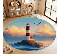 Générique Tapis Rond 80 cm Photographie Île Phare Mouettes Tapis De Salon Rond Bleu Lavable en Machine Moquette, Chambre Adulte Doux Antidérapant Decoration Chambrel