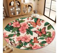 Générique Tapis Rond 80 cm Plantes Rétro Fleurs Papillon Tapis De Salon Rond Beige Lavable en Machine Moquette, Chambre Adulte Doux Antidérapant Decoration Chambrel