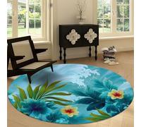 Générique Tapis Rond à Feuilles Fleurs Tropicales Vagues, Tapis de Ultra Fin Diamètre 180 cm Doux - Antidérapant et Lavable, Couleur Aquarelle pour Chambre Entrée Salle à Manger ou Dortoir Familial