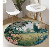 Générique Tapis Rond à Poils Courts 120 cm- Tapis de Sol Doux et Confortable, Motif Beau Jardin Maison, Lavable et Antidérapant Tapis Rond Décoratif pour Salon et Chambre, Vert