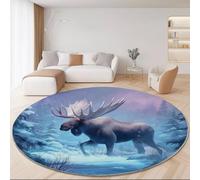 Générique Tapis Rond à Poils Courts 180 cm- Tapis de Sol Doux et Confortable, Motif Forêt d'hiver Orignal, Lavable et Antidérapant Tapis Rond Décoratif pour Salon et Chambre, Bleu Violet