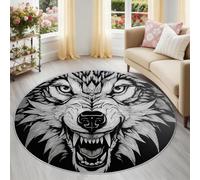Générique Tapis Rond Animal 100 cm, Tapis Lavable en Machine pour Salon, Antidérapant, Imprimé Visage De Loup en Colère Street Art Moderne pour Salle De Jeu, Noir Blanc