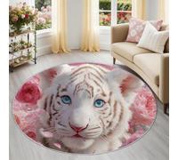 Générique Tapis Rond Animal Plantes Et Fleurs 150 cm, Tapis Lavable en Machine pour Salon, Antidérapant, Imprimé Mignon Tigre Blanc & Roses Roses pour Chambre À Coucher, Blanc Rose