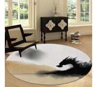 Générique Tapis Rond Animaux Abstraits Dragons 160 cm, Tapis de Salon Antidérapant Lavable en Machine à Poil Doux Peinture À L'Encre De Chine Style pour Entrée Chambre à Coucher Salle à Manger