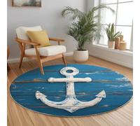Générique Tapis Rond Antidérapant 180 cm Style Rétro, Tapis Lavable en Machine Vintage Nautique Bleu Bois Rayures pour Salon - Moquette Coureur Imprimé pour Salle à Manger Chambre d’Enfant Nurserie
