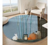 Générique Tapis Rond Antidérapant, Tapis à Poils Courts de Sol Lavable Minimalisme Plantes Animaux Lapin Blanc pour Chambre Salle de méditation Nurserie - Bleu Gris Confortable Moquette 150 cm