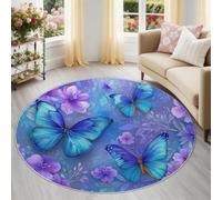 Générique Tapis Rond Aquarelle Papillon Floral 90 cm, Petit Tapis Dessin Animé de Chevet ou Bureau, Moquette Violet Antidérapant et Doux, Idéal pour Coin Lecture ou Entrée