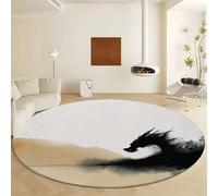 Générique Tapis Rond Blanc Lavable en Machine, Tapis Style Encre Animal Dragon Noir Poils Courts - Moquette Doux et Antidérapant Diamètre 160 cm Facile d'entretien pour Salon Chambre