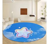 Générique Tapis Rond Bleu Ø 90 cm, Nuages Blancs et Bleus Étoiles Tapis Lavable en Machine Antidérapant - Doux Confortable et Facile à Nettoyer pour Salon Chambre Chambre d'enfant Cuisine