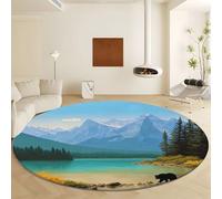 Générique Tapis Rond Bleu Lavable en Machine, Tapis Paysage Montagnes Forêt Ours Brun Poils Courts - Moquette Doux et Antidérapant Diamètre 60 cm Facile d'entretien pour Salon Chambre