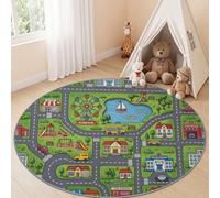Générique Tapis Rond Caricature à Poils Courts Lavable, Vert | 60 cm Moelleux et Antidérapant Tapis Rond Route Ville Enfant pour Salon Couloir Salle d'étude Décorations Intérieures