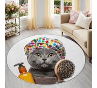 Générique Tapis Rond Chat Mignon Bonnet De Douche 60 cm, Petit Tapis Animal de Chevet ou Bureau, Moquette Blanc Antidérapant et Doux, Idéal pour Coin Lecture ou Entrée