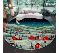 Générique Tapis Rond de Salon, Imprimés de Style Rustique Noël Champs Cabane pour Salle à Manger - Bureau Lavable en Machine et Poil Court 90 cm (Rond) Tapis Chambre avec Dos Antidérapant Bleu-Vert