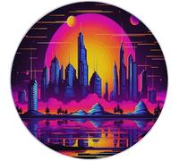 Générique Tapis Rond Décoratif à Poils Ras 90 cm, Flanelle Antidérapante et Lavable Bâtiments Urbains Rétro des Années 80 Modèle, Parfait pour Chambre Salon Balcon et Terrasse - Violet