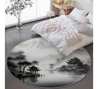Générique Tapis Rond Décoratif en Flanelle 150 cm, Traditionnel Chinois Peinture À L'Encre Thème Gris Doux Tapis Rond Lavable Antidérapant - pour Salon Bureau Chambre d'enfants Entrée