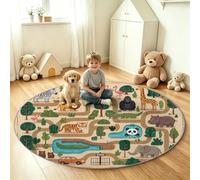 Générique Tapis Rond Dessin Animé 120 cm, Forêt Paradis Animaux Antidérapant et Lavable en Machine - Poils Courts Imprimé Tapis pour Salon Chambre Bureau ou Salle à Manger - Épaisseur 0.6 cm Marron