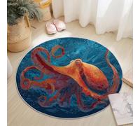 Générique Tapis Rond Dessin Animé Pieuvre Océan 100 cm, Lavable en Machine pour Salon Antidérapant Imprimé pour Salle à Manger, Chambre d’Enfant Nurserie, Rouge