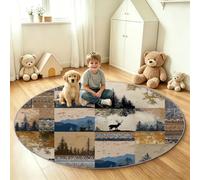 Générique Tapis Rond d'Intérieur Abstrait 120 cm, Durable et Facile à Nettoyer, Idéal pour Salon, Cuisine ou Salle à Manger - Marron Forêt Carreau Bloc
