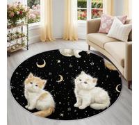 Générique Tapis Rond Doux - Motif Chat Mystique Et Étoiles - Lavable en Machine - Antidérapant pour Chambre Enfant Salle de Jeux Amis des Animaux, Noir