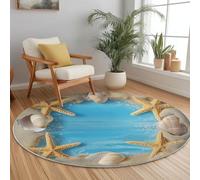 Générique Tapis Rond en Flanelle à Poils Ras Bleu Beige, Ligne de Plage Shell 3D Imprimé Moderne, Antidérapant et Lavable, Tapis Décoratif Pliable pour Salon Chambre Balcon ou Jardin, 60 cm