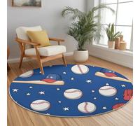 Générique Tapis Rond en Flanelle à Poils Ras Bleu, Joli Motif d'étoile de Baseball Imprimé Moderne, Antidérapant et Lavable, Tapis Décoratif Pliable pour Salon Chambre Balcon ou Jardin, 120 cm