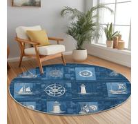 Générique Tapis Rond en Flanelle à Poils Ras Bleu, Ligne de gouvernail Vent de Nantes Imprimé Moderne, Antidérapant et Lavable, Tapis Décoratif Pliable pour Salon Chambre Balcon ou Jardin, 100 cm
