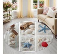 Générique Tapis Rond en Flanelle Douce 120 cm, Tapis de Salon Côtier Plage Étoile De Mer Blanc, Lavable en Machine et Antidérapant, Idéal pour Chambre ou Bureau