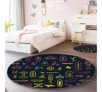 Générique Tapis Rond en Flanelle Noir - Icônes Dessinées À La Main Dessin Au Trait Thème Antidérapant Lavable en Machine Tapis Rond 60 cm, Convient pour la Décoration de la Chambre d'enfant