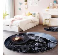 Générique Tapis Rond en Flanelle Noir - Traditionnel Vintage Locomotive À Vapeur Thème Antidérapant Lavable en Machine Tapis Rond 160 cm, Convient pour la Décoration de la Chambre d'enfant