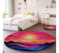Générique Tapis Rond en Flanelle Violet - Paysage Abstrait Coucher De Soleil Lignes Thème Antidérapant Lavable en Machine Tapis Rond 120 cm, Convient pour la Décoration de la Chambre d'enfant