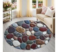 Générique Tapis Rond Gris 100 cm, Tapis Salon Naturel Minimaliste Lavable | Tapis Doux Poil Ras avec Galets Mortier Taches, Dessous Antidérapant idéal pour chambre et décoration intérieure