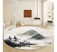 Générique Tapis Rond Gris à Poils Courts, Peinture Chinoise Montagnes Forêt Tapis Antidérapant et Lavable en Machine pour Salon Chambre à Coucher Chambre d’Enfant Descente de Lit Diamètre 140 cm